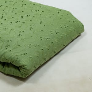 Green Color Cotton Chikan Embroidered Fabric